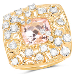 14K Yellow Gold Plated 3.33 Carat Synthartic Morganite and White Topaz .925 Sterling Silver Ring