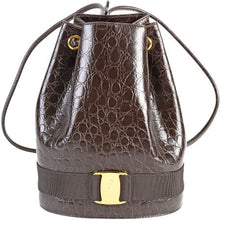 Salvatore Ferragamo SALVATORE FERRAGAMO Vala backpack embossed leather dark brown purse rucksack gold metal fittings BZ-215676