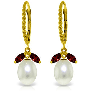 9 Carat 14K Solid Yellow Gold Leverback Earrings Garnet Pearl