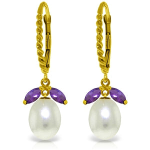 9 Carat 14K Solid Yellow Gold Leverback Earrings Amethyst Pearl