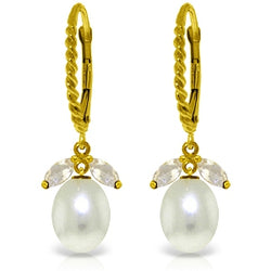 9 Carat 14K Solid Yellow Gold Leverback Earrings White Topaz Pearl