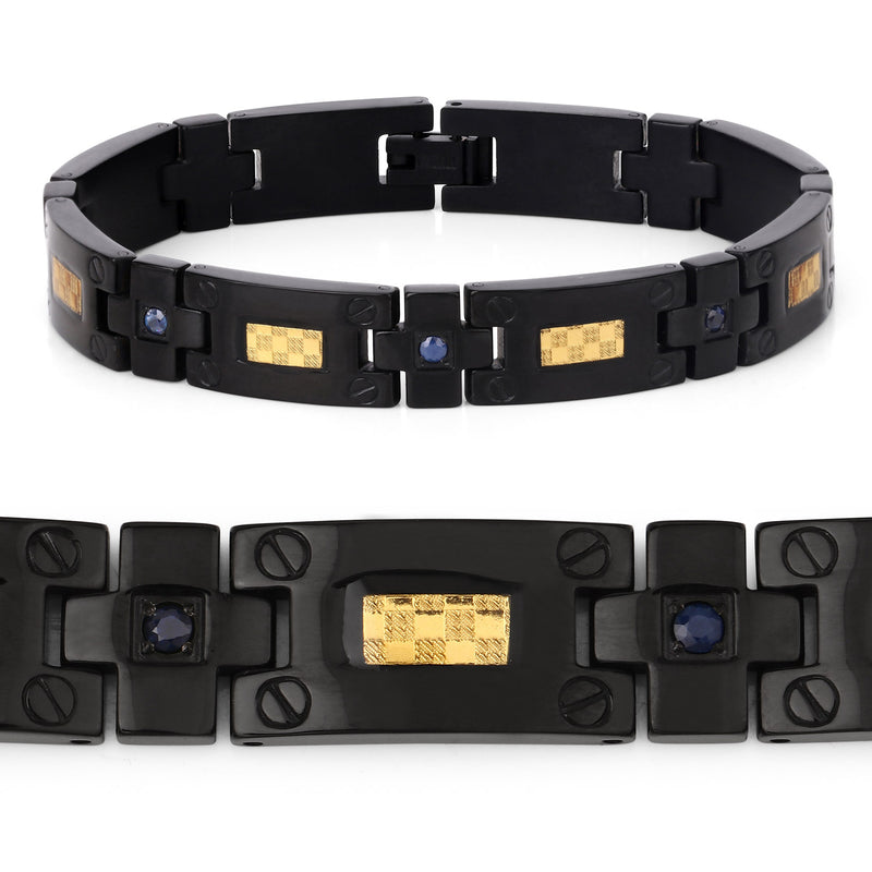 Black Titanium Men's Bracelet, Mens Titanium Bracelet with Gold Plated Steel Inlay, 0.56ctw. Natural Blue Sapphire Rounds