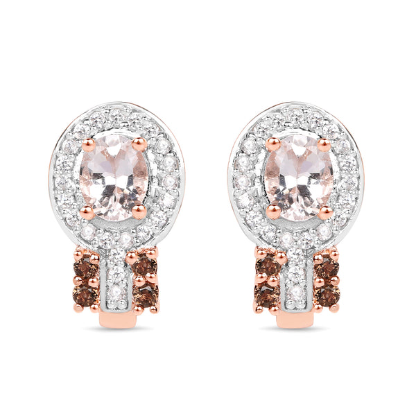 18K Rose Gold Plated 0.87 Carat Genuine Morganite, Smoky Quartz and White Zircon .925 Sterling Silver Earrings