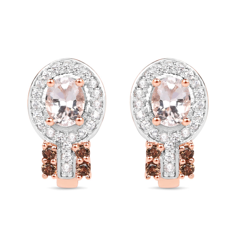 18K Rose Gold Plated 0.87 Carat Genuine Morganite, Smoky Quartz and White Zircon .925 Sterling Silver Earrings