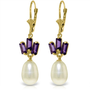 9.35 Carat 14K Solid Yellow Gold Leverback Earrings Pearl Amethyst