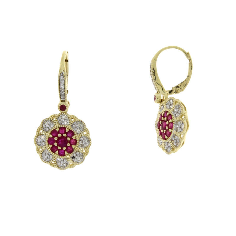 .96ct Ruby Diamond Dangle Earrings 14KT Yellow Gold