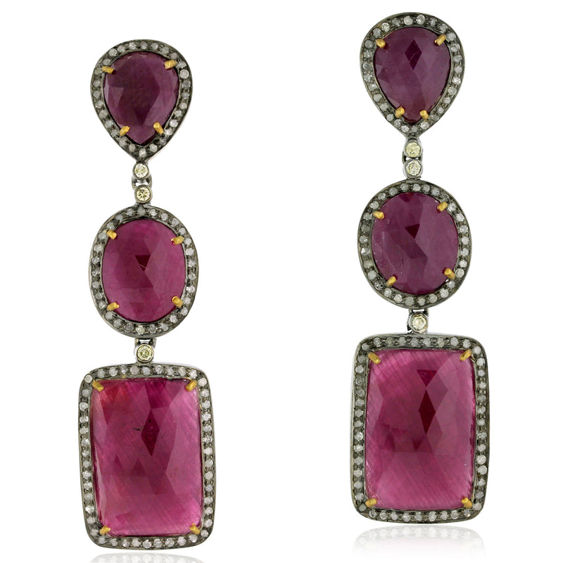 Ruby & Pave Diamond Dangle Earrings 18k Gold 925 Silver Jewelry