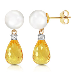 6.6 Carat 14K Solid Yellow Gold Stud Earrings Diamond, Citrine Pearl