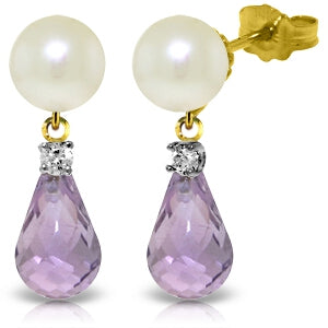 6.6 Carat 14K Solid Yellow Gold Stud Earrings Diamond, Amethyst Pearl