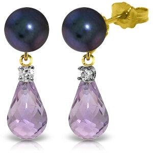 6.6 Carat 14K Solid Yellow Gold Stud Earrings Diamond, Amethyst Black Pearl