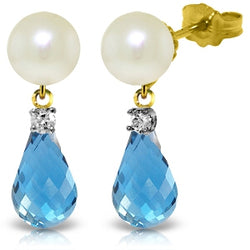 6.6 Carat 14K Solid Yellow Gold Stud Earrings Diamond, Blue Topaz Pearl