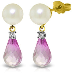6.6 Carat 14K Solid Yellow Gold Stud Earrings Diamond, Pink Topaz Pearl