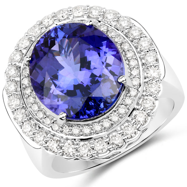 10.79 Carat Genuine Tanzanite and White Diamond 18K White Gold Ring