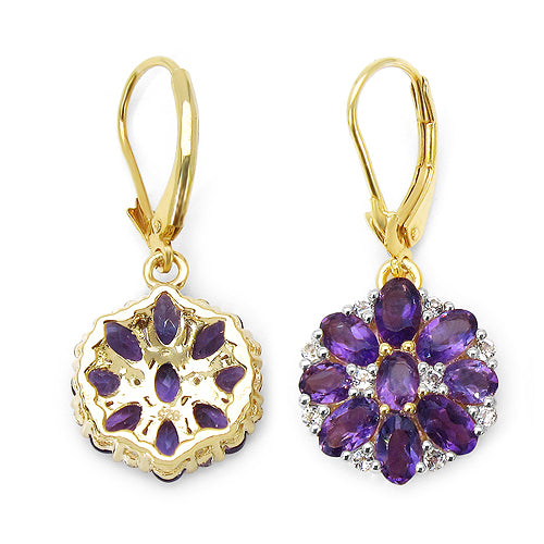 14K Yellow Gold Plated 3.92 Carat Genuine Amethyst & White Topaz .925 Sterling Silver Earrings