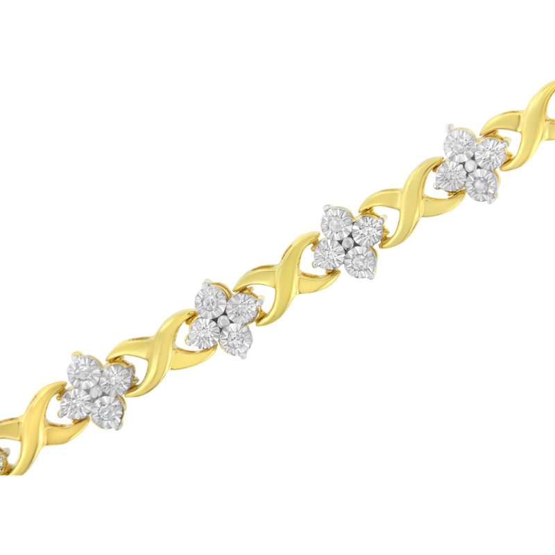 10K Yellow Gold Plated Sterling Silver 1/4 cttw Diamond 4 Leaf Clover Link Tennis Bracelet (I-J Color, I2-I3 Clarity) - Size 7.25"