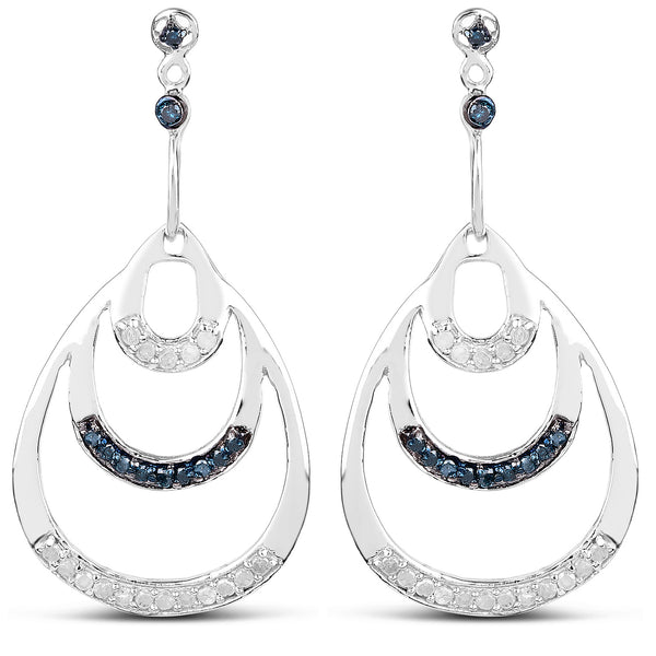 0.52 Carat Genuine White Diamond and Blue Diamond .925 Sterling Silver Earrings