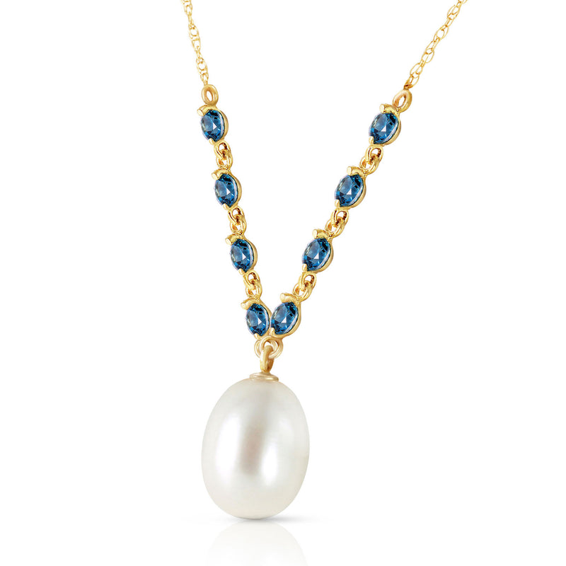 5 Carat 14K Solid Yellow Gold Necklace Natural Blue Topaz Pearl