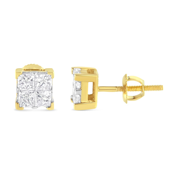 10K Yellow Gold 3/4 Cttw Invisible Set Princess-Cut Diamond Composite Square Stud Earrings (I-J Color, I2-I3 Clarity)