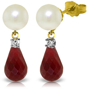 8.7 Carat 14K Solid Yellow Gold Stud Earrings Diamond, Ruby Pearl
