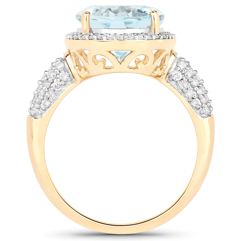 5.42 Carat Genuine Aquamarine and White Diamond 14K Yellow Gold Ring