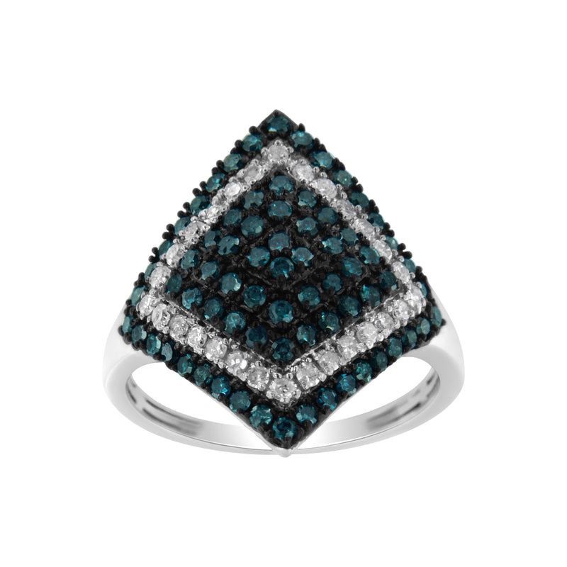 .925 Sterling Silver 1 cttw White and Treated Blue Diamond Rhombus Cocktail Ring (Blue, I3) - Size 6