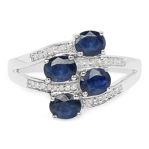 1.61 Carat Genuine Blue Sapphire and White Diamond .925 Sterling Silver Ring