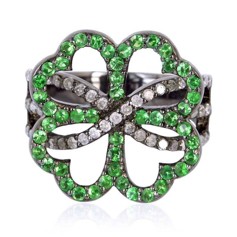 0.84ct Tsavorite & Diamond Floral Style Ring 925 Sterling Silver Women Jewelry