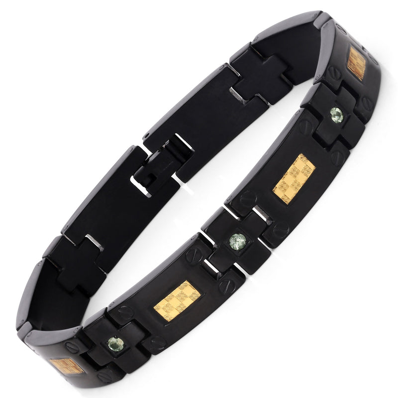 Black Titanium Men's Bracelet, Mens Titanium Bracelet with Gold Plated Steel Inlay, 0.56ctw. Natural Green Sapphire Rounds