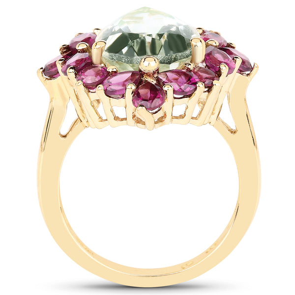 14K Yellow Gold Plated 7.21 Carat Genuine Green Amethyst and Rhodolite .925 Sterling Silver Ring
