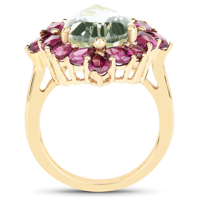 14K Yellow Gold Plated 7.21 Carat Genuine Green Amethyst and Rhodolite .925 Sterling Silver Ring