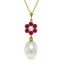 4.53 Carat 14K Solid Yellow Gold Necklace Natural Pearl, Ruby Diamond