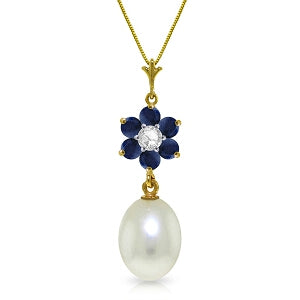 4.53 Carat 14K Solid Yellow Gold Necklace Natural Pearl, Sapphire Diamond