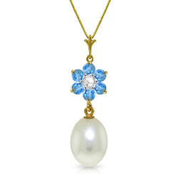 4.53 Carat 14K Solid Yellow Gold Necklace Pearl, Blue Topaz Diamond