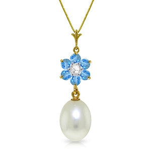 4.53 Carat 14K Solid Yellow Gold Necklace Pearl, Blue Topaz Diamond