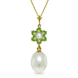 4.53 Carat 14K Solid Yellow Gold Necklace Natural Pearl, Peridot Diamond