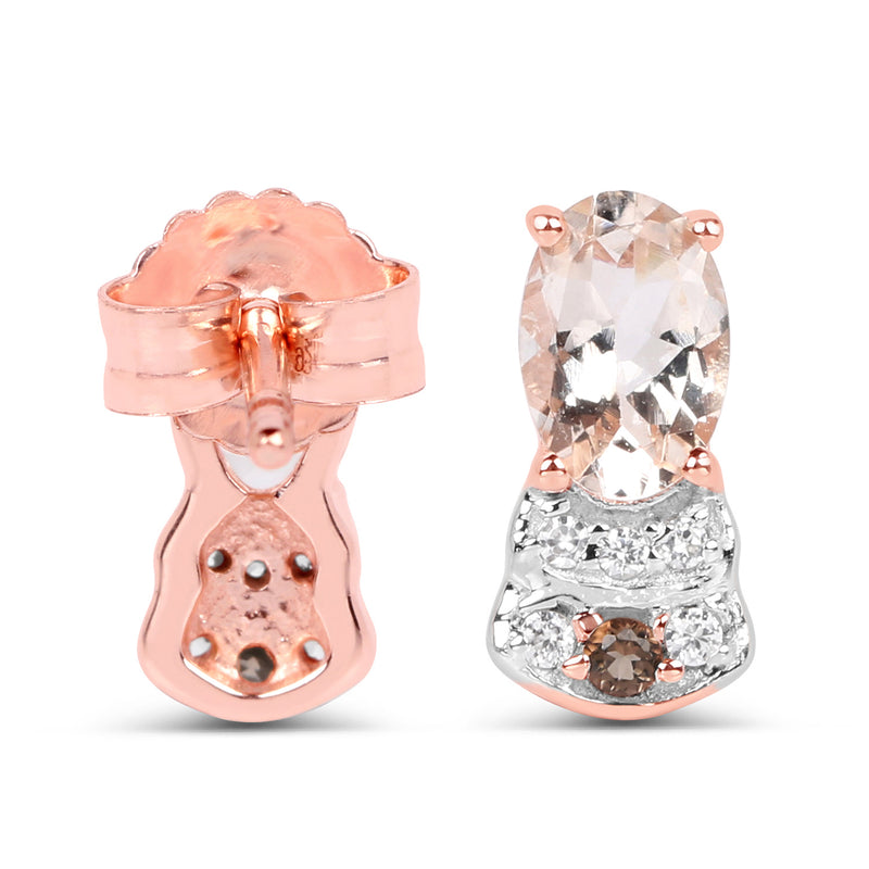 18K Rose Gold Plated 0.95 Carat Genuine Morganite, Smoky Quartz and White Zircon .925 Sterling Silver Earrings