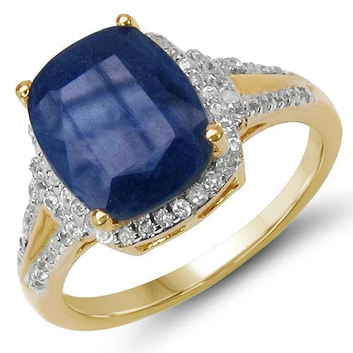 14K Yellow Gold Plated 3.82 Carat Genuine Glass Filled Sapphire & White Topaz .925 Sterling Silver Ring