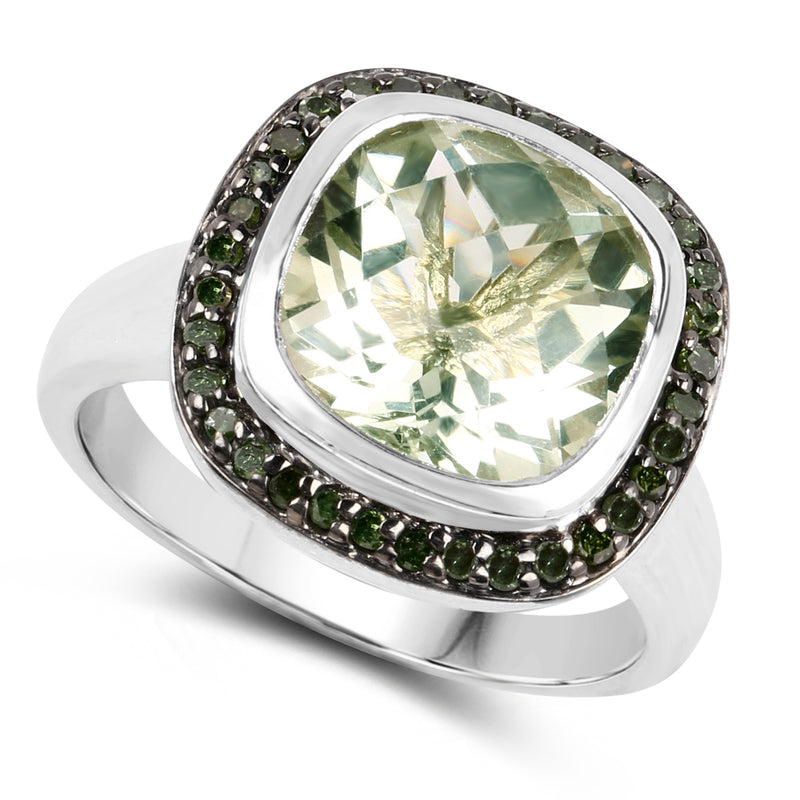 5.19 Carat Genuine Green Amethyst and Green Diamond .925 Sterling Silver Ring