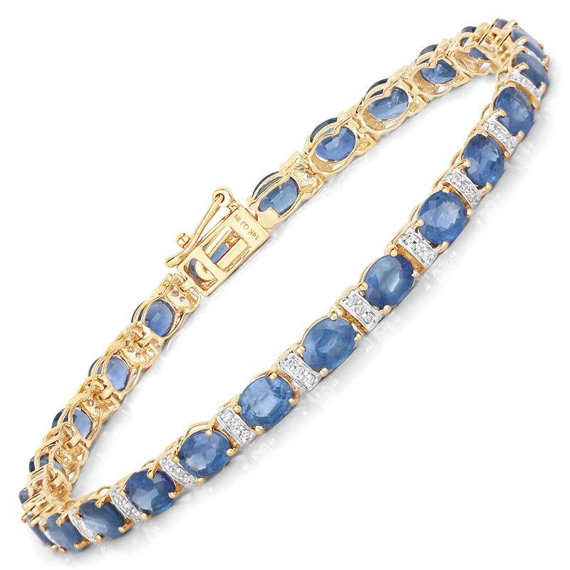 8.76 Carat Genuine Blue Sapphire and White Diamond 14K Yellow Gold Bracelet