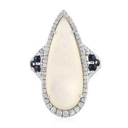 Pave Diamond Blue Sapphire Pear Shape Pearl Cockail 18k White Gold Ring Size