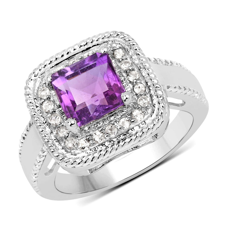 1.80 Carat Genuine Amethyst and White Topaz .925 Sterling Silver Ring