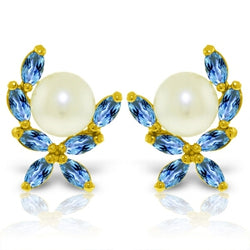 3.25 Carat 14K Solid Yellow Gold Stud Earrings Blue Topaz Pearl