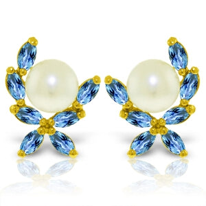 3.25 Carat 14K Solid Yellow Gold Stud Earrings Blue Topaz Pearl