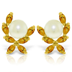 3.25 Carat 14K Solid Yellow Gold Stud Earrings Natural Citrine Pearl