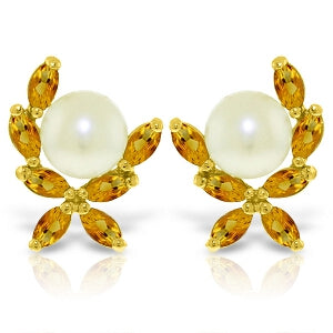 3.25 Carat 14K Solid Yellow Gold Stud Earrings Natural Citrine Pearl