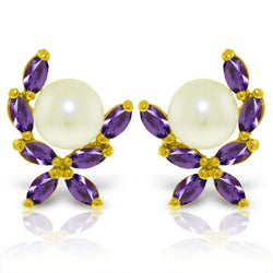 3.25 Carat 14K Solid Yellow Gold Stud Earrings Natural Amethyst Pearl