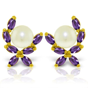 3.25 Carat 14K Solid Yellow Gold Stud Earrings Natural Amethyst Pearl