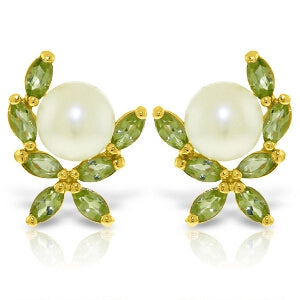 3.25 Carat 14K Solid Yellow Gold Stud Earrings Natural Peridot Pearl