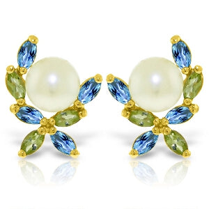 3.25 Carat 14K Solid Yellow Gold Stud Earrings Peridot, Blue Topaz Pearl