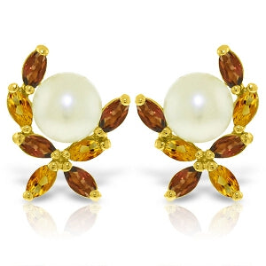 3.25 Carat 14K Solid Yellow Gold Stud Earrings Garnet, Citrine Pearl